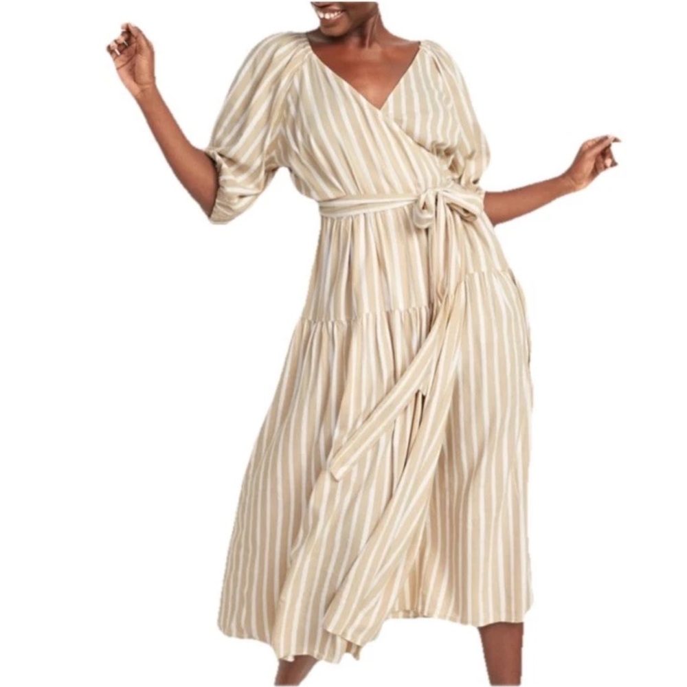 Old Navy XL Waist-Defined Striped Tie-Belt Midi Wrap Dress Beige Cream Classic